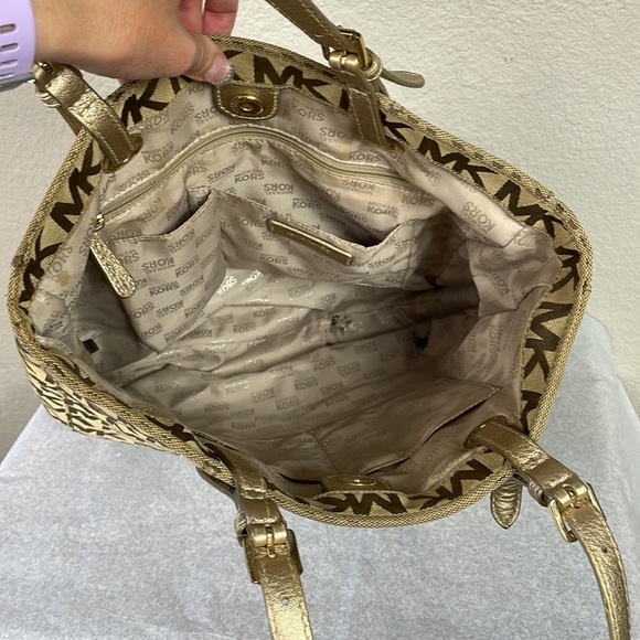 Michael Michael Kors Sequin Gold Tan Logo Large Shopper Tote Bag - Picture 10 of 13